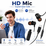 Soniqx Type-C Wired Earphones with Mic, Deep Bass, Inline Controls & Noise Isolation for Compatible USB-C Devices – Black