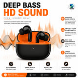 Soniqx Wireless Bluetooth 5.3 TWS Earbuds with Deep Bass, Mic & Type-C Charging Case – Black & Orange