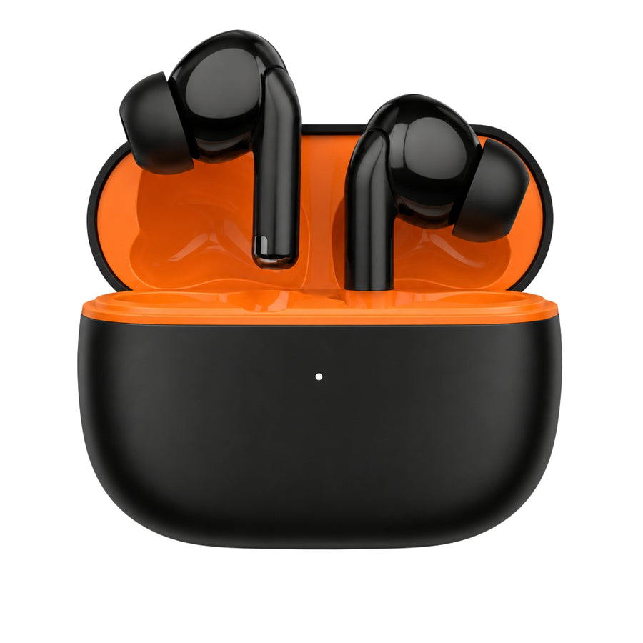 Soniqx Wireless Bluetooth 5.3 TWS Earbuds with Deep Bass, Mic & Type-C Charging Case – Black & Orange