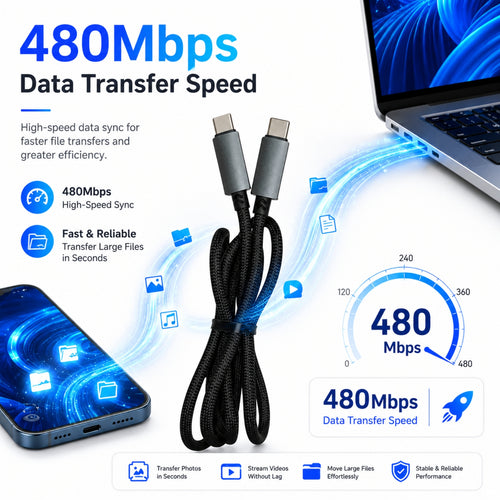 Soniqx 60W USB-C to USB-C Fast Charging Cable 1.2M, PD Charging & 480Mbps Data Transfer – Black