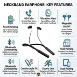 Soniqx Bluetooth Wireless Neckband Earphones with HD Calling, Vibration Alert, Dual Pairing & Magnetic Earbuds – Black