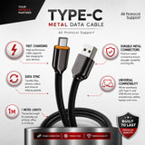 Soniqx USB-A to Type-C Fast Charging & Data Sync Cable 3A, 480Mbps, 1 Meter, Metal Connectors, Black