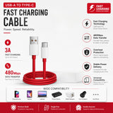 Soniqx USB-A to Type-C Fast Charging Cable 3A, 480Mbps Data Transfer, 1.2 Meter Durable Charging & Sync Cable – Red