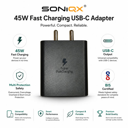 SONIQX 45W USB-C Fast Charger | PD Fast Charging Adapter for Samsung, OnePlus, Google Pixel, Nothing, Motorola & USB-C Devices