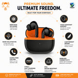Soniqx Wireless Bluetooth 5.3 TWS Earbuds with Deep Bass, Mic & Type-C Charging Case – Black & Orange
