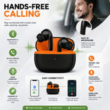 Soniqx Wireless Bluetooth 5.3 TWS Earbuds with Deep Bass, Mic & Type-C Charging Case – Black & Orange