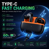 Soniqx Wireless Bluetooth 5.3 TWS Earbuds with Deep Bass, Mic & Type-C Charging Case – Black & Orange