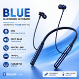 Soniqx Wireless Bluetooth Neckband with ENC, Deep Bass, HD Calling, Type-C Charging & Magnetic Earbuds – Blue