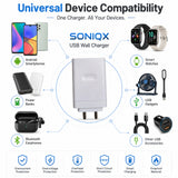 Soniqx 2.4A USB Wall Charger for Smartphones, Power Banks, Earbuds & USB Devices | Compact Travel Charger Adapter | White