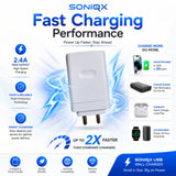 Soniqx 2.4A USB Wall Charger for Smartphones, Power Banks, Earbuds & USB Devices | Compact Travel Charger Adapter | White