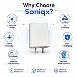 Soniqx Compact Wall Charger for Smartphones, Earbuds, Power Banks & USB Devices | Portable 2 Pin Mobile Charging Adapter | White